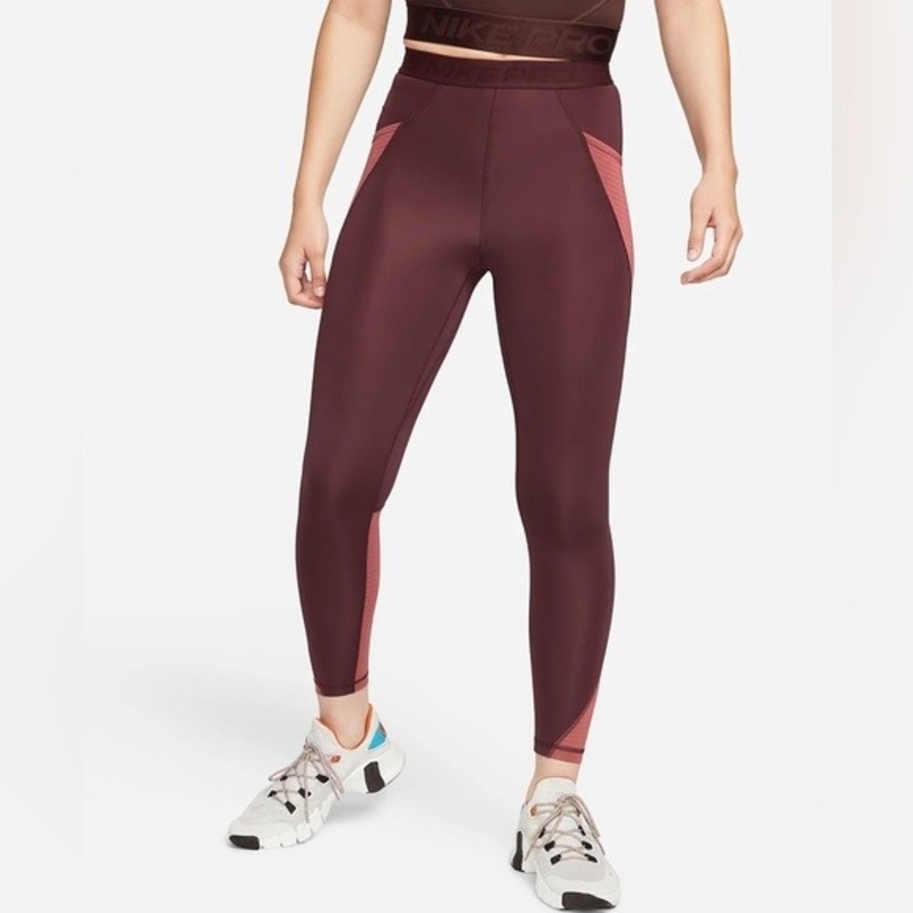 Nike Pro Dri-FIT Women High Rise Tight Fit Full Length Leggings Burgundy Red